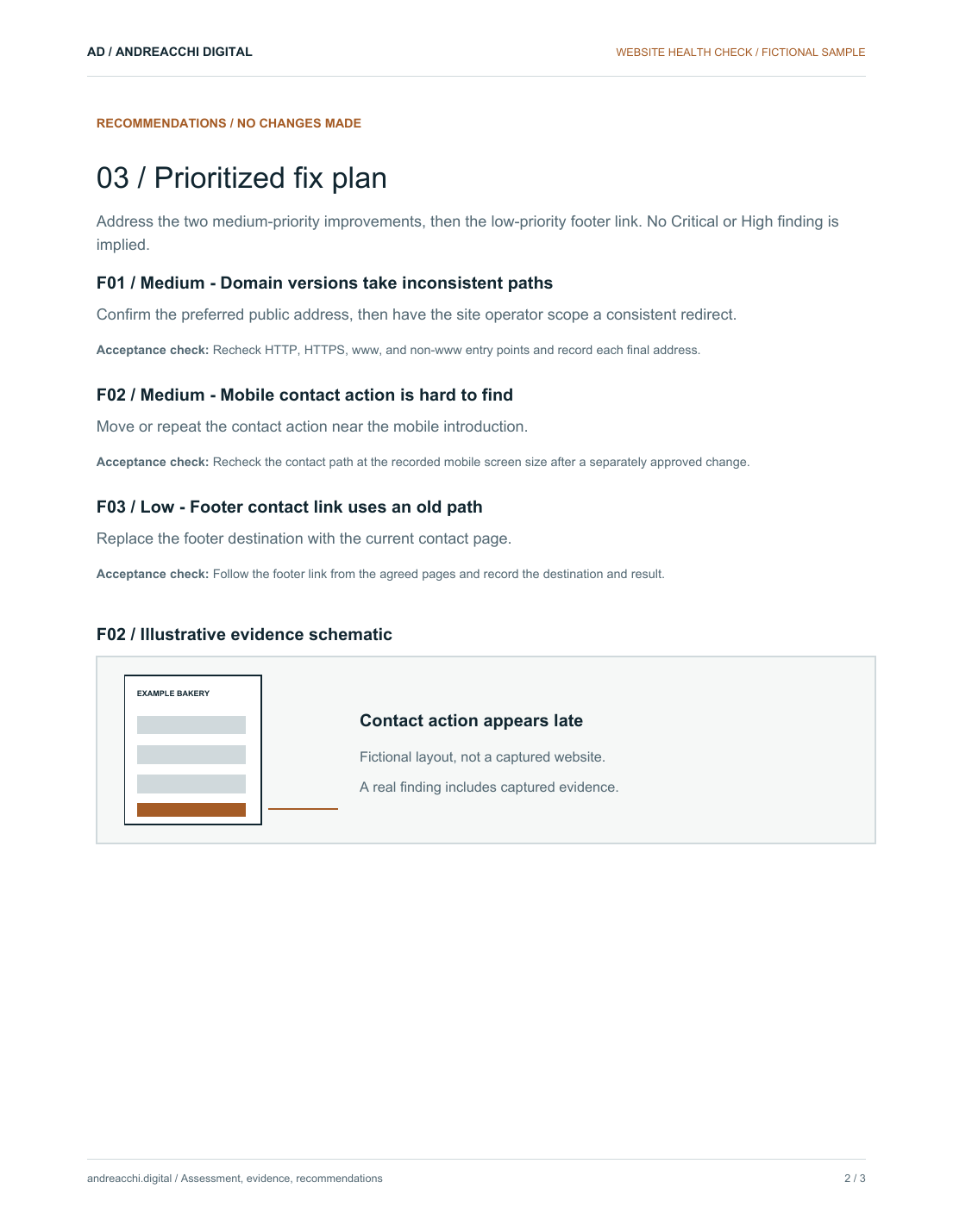 Second page of an Andreacchi Digital sample Website Health Check report