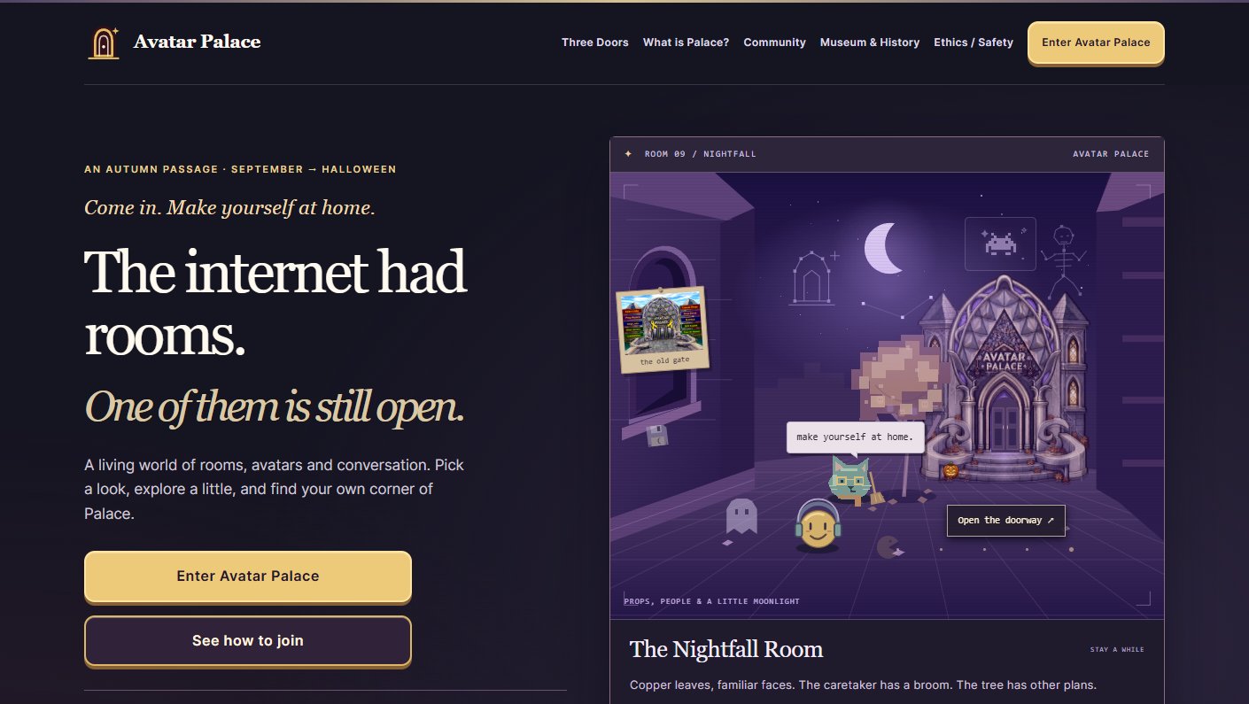 Avatar Palace website introducing its visual world and community