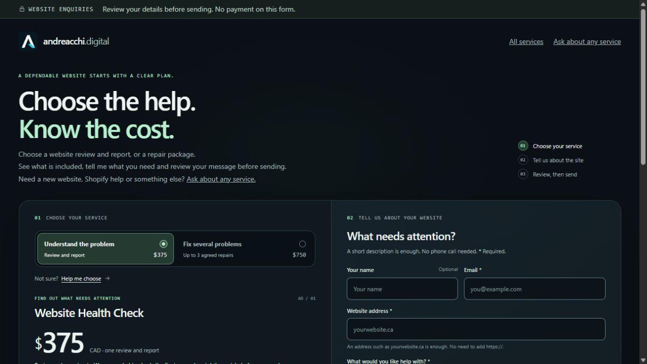 Andreacchi Digital’s detailed enquiry tool showing a Website Health Check and its price