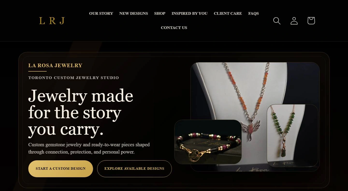 LRJ desktop design with a black and gold palette, serif headline and overlapping jewellery photographs