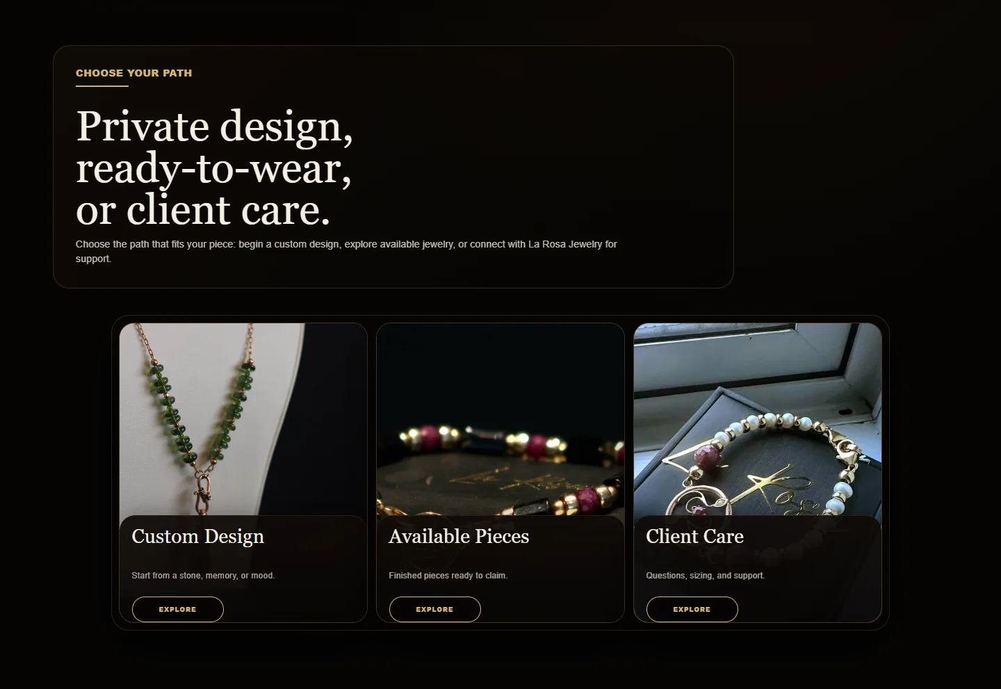 Three coordinated image cards for custom design, available pieces and client care