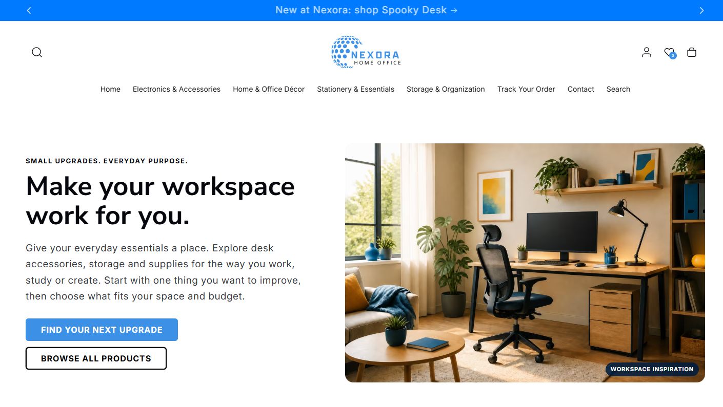 Nexora Home Office storefront showing product categories and a home workspace feature