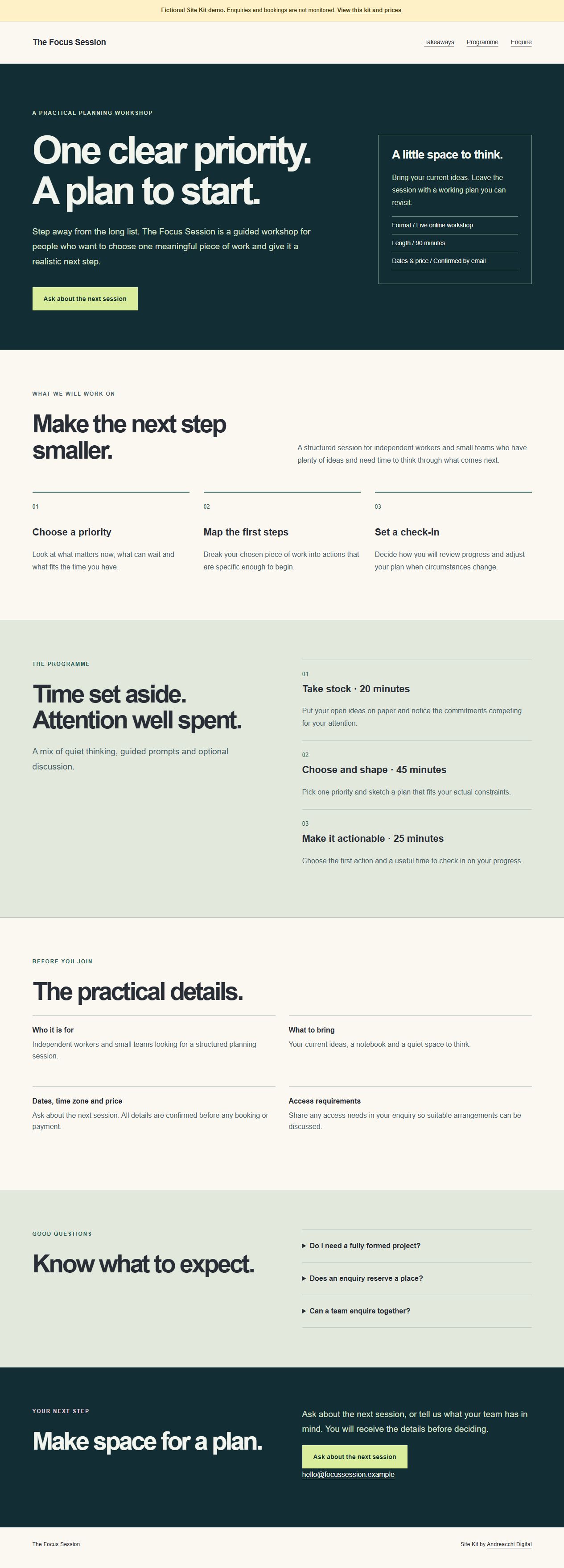 The Focus Session fictional example website